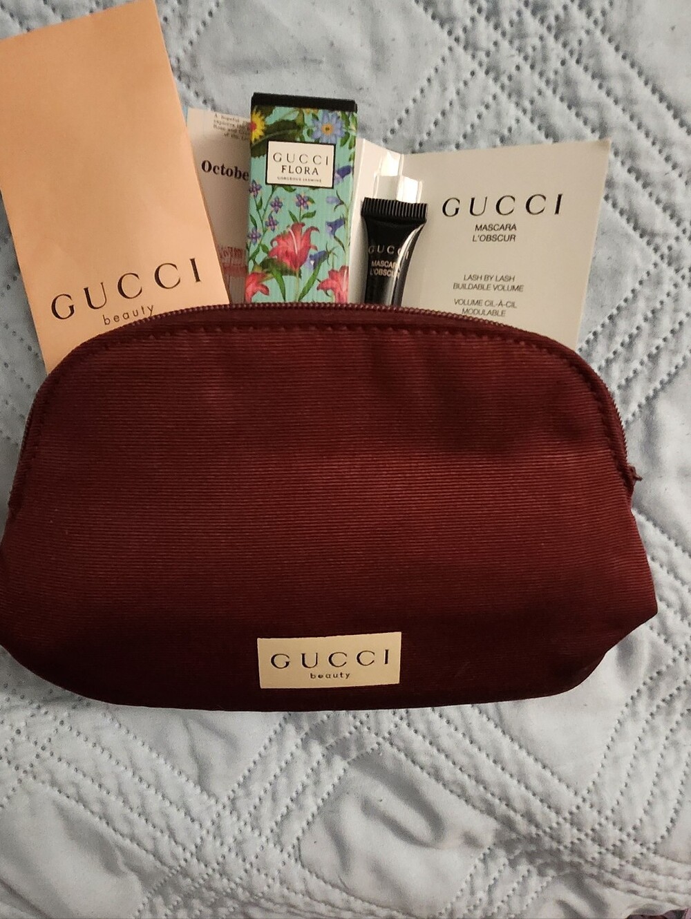 Gucci Burgundy Cosmetic Pouch with Travel Bundle Set / Gift Set